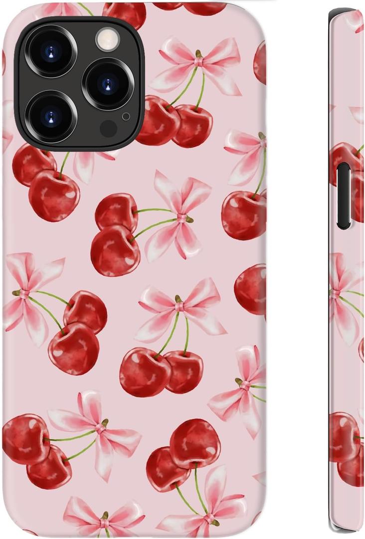 for iPhone 16 Pro Max Case, Wireless Charging Compatible,Dual-Layer Protection with Cute Wildflower, Soft Silicone + Hard Shell, Chic Phone Cover for Women - Sweet Cherry Bows