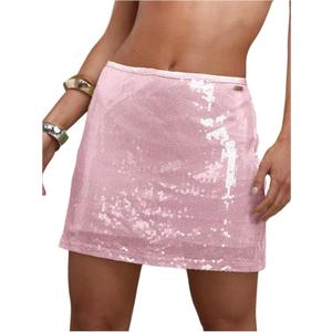 Floerns Women's Contrast Sequin Short Skirt Mid Waist Party Bodycon Mini Skirt (Pink)