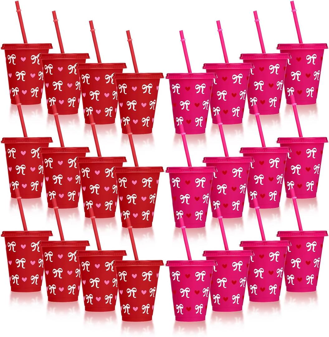24 Pcs Valentine's Day Cups Bulk with Lids and Straws 16oz Reusable Plastic Cups Red Pink Bow Heart Valentines Tumbler Gifts for Galentines Party Supplies Wedding Anniversary