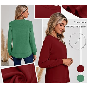 Ficerd 2 Pack Women's Long Sleeve Shirts, Cotton Crew Neck Tunic Tops Casual Loose Fit Pullover Sweatshirts Curved Hem Shirts, L