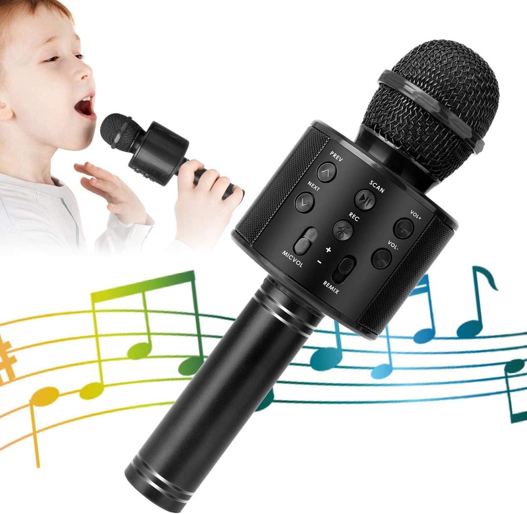 KIDWILL Wireless Bluetooth Karaoke Microphone for Kids and Adults, 5-in-1 Portable Handheld Karaoke Mic Speaker Player Recorder with Adjustable Remix FM Radio for Girls Boys Teens Adults (Matte Black)