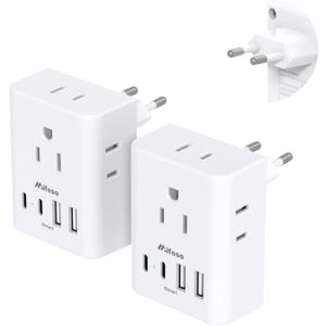 2 Pack European Travel Plug Adapter, International Power Adapter with 4 Outlets 4 USB C Ports (2 USB C), Type C Adapter for US to Most of Europe EU Italy Spain Greece Portugal France Germany