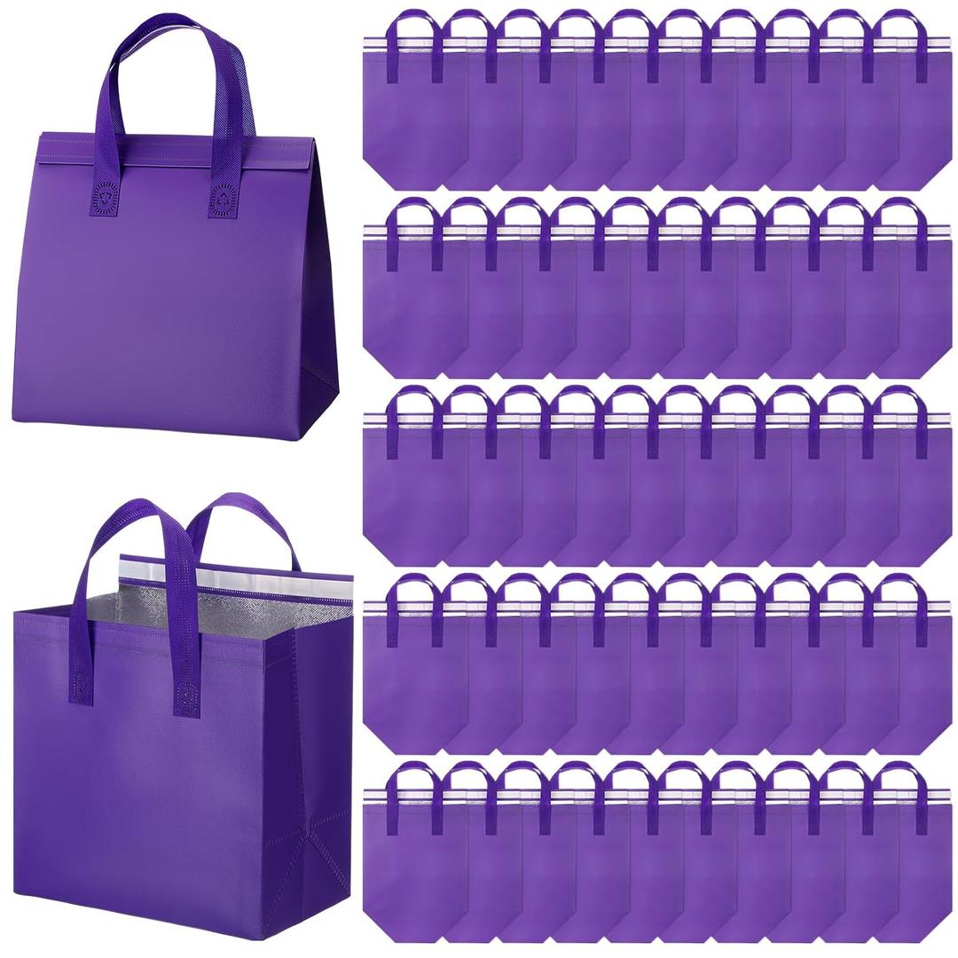50 Pcs Insulated Take Away Bags Bulk Thermal Insulation Food Bags for Coffee Milk Tea Hot Cold Fresh Food Seafood for Catering Restaurant Grocery (9.45x9.45x5.91inch,Purple)