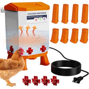Nexum 2-Gallon Heated Chicken Waterer  All-Season Poultry Drinker with 4 Nipples and Stand, Keeps Clean & Unfrozen, Easy-Fill, Low Maintenance for Chickens, Ducks & Quail (Orange, 7L)