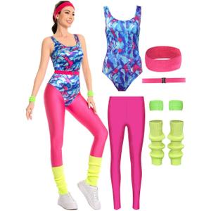 80s Workout Costume for Women Adult Aerobics Outfit Yoga Jumpsuit 90s Retro Accessories Set Leotard Legging Headband (X-Large, Red)