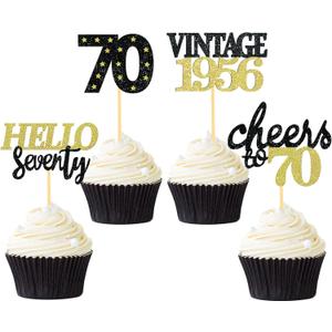 24 Pcs Glitter 70th Birthday Cupcake Toppers for Celebrating 70th Birthday Party Decorations for Seventy Years Old Birthday Party Supplies (Black&Gold)