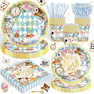 120PCS Wonderland Themed Party Supplies for Girls Kids Birthday Party Decorations Tea Party Tableware Set Plates Napkin Cups Set for 20 Guests