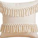 Boho Decorative Throw Pillow Cover 18x18 Inch Cozy Bohemian Macrame Cushion Cover Square White Cotton Pillow Case with Tassels for Couch Sofa Bed Bench Car Farmhouse Home Decor