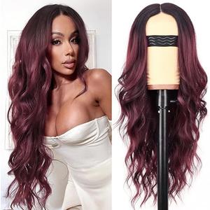 AISI HAIR Wig for Women, Long Red Wavy Lace Hairline Middle Part Synthetic Heat Resistant Wig for Daily Party-26 Inch