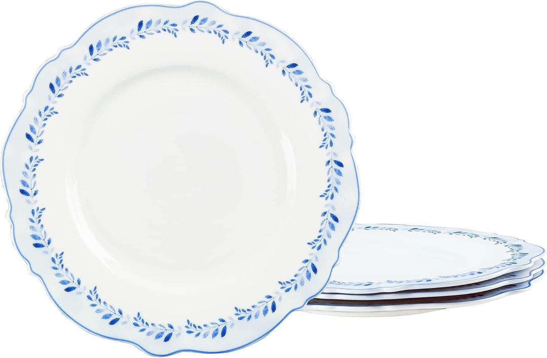 fanquare 8 Inch Porcelain Plates Set of 4, Blue Grass Ring Dessert Plates for Pasta, Pancakes, Steak, Microwave Safe Flat Farmhouse Style Decorative Plate
