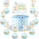 Silly Goose Cupcake Toppers Goose Cake Toppers 25pcs Blue A New Silly Goose Is About To Be On The Loose Cake Topper Set Floral Farm Animal Baby Shower Cake Decor for Geese Flower Gender Reveal Party