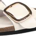 Dumalum Womens Slides Sandals Cork Footbed Flat Sandals Comfort Open Toe Buckle Flip Flops Slip On Home Slippers for Dressy Summer Beach Essentials (Beige)