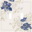 Decorative Light Switch Cover Plate Rustic Blue Flower Floral Gold Leaf 2 Gang Outlet Covers Double Toggle Wall Plates for Electrical Outlets Switch Plate Covers Faceplate for Home Decor