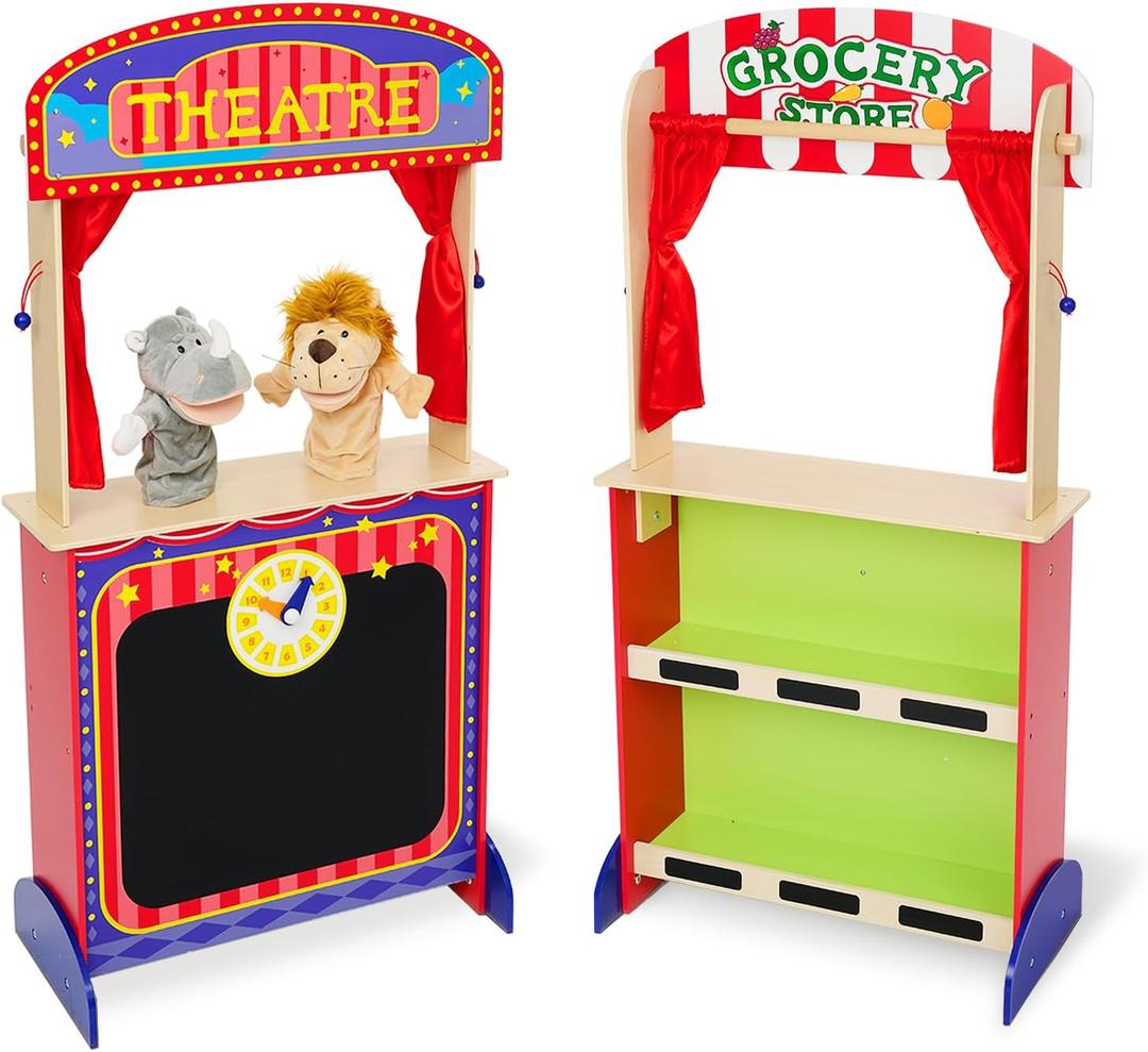 Monlurd Wooden Puppet Theater for Kids Montessori Pretend Play Stage, Puppet Show Set for Ages 4-8, Daycare & Home Use