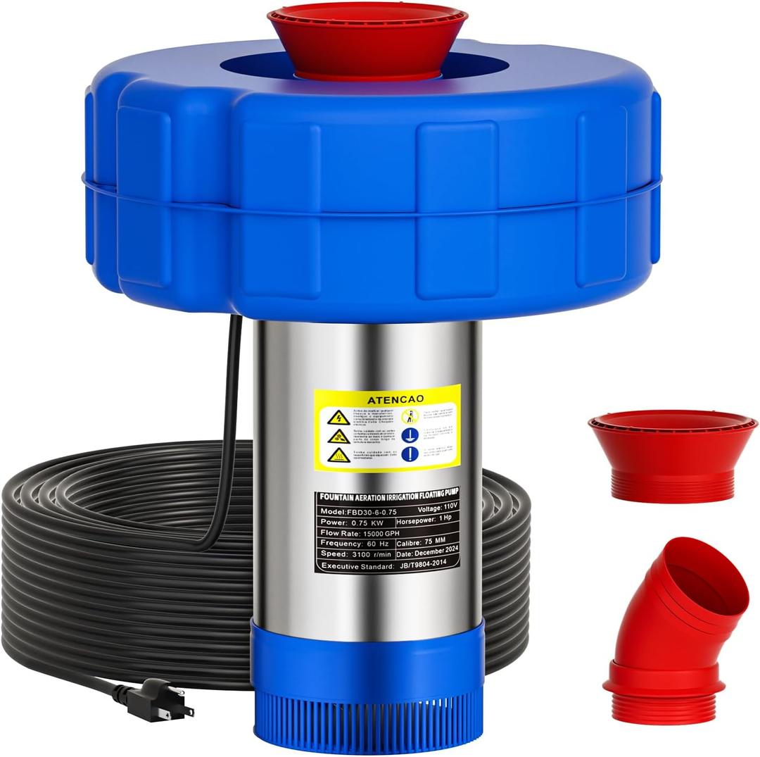 15000 GPH Pond Fountain Aerator - Fully Automatic 110V, 750W (1HP) Floating Fountain and Pond Aerator for Large and Small Outdoor Ponds and Lakes - Pond Fountain with 100 Feet Power Cord. (Stainless Steel)