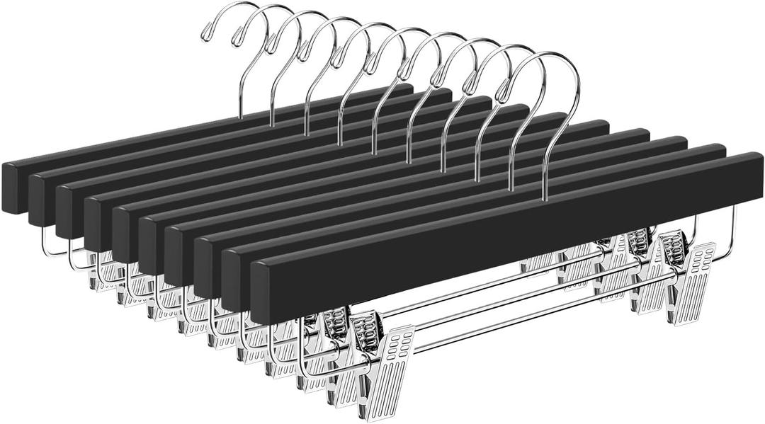 BAGAIL Wooden Pants Hangers with Adjustable Clips, 360Swivel Hook Space Saving Skirt Holders with Anti-Rust Clips for Trousers, Jeans, Shorts (10Pack Black)