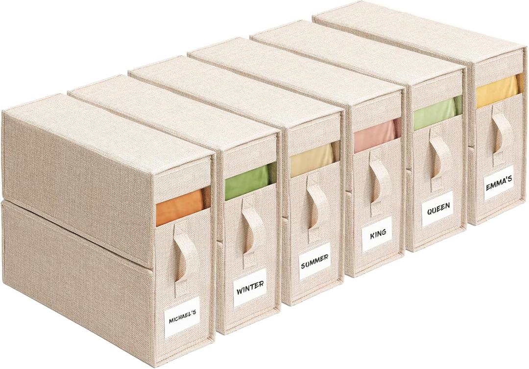 6Pack Sheet Organizers and Storage - King/Queen Size Sheet Storage Organizer with Window, Foldable & Dustproof Sheet Organizer for Linen Closet for Summer Blankets & Sheet Sets,Beige