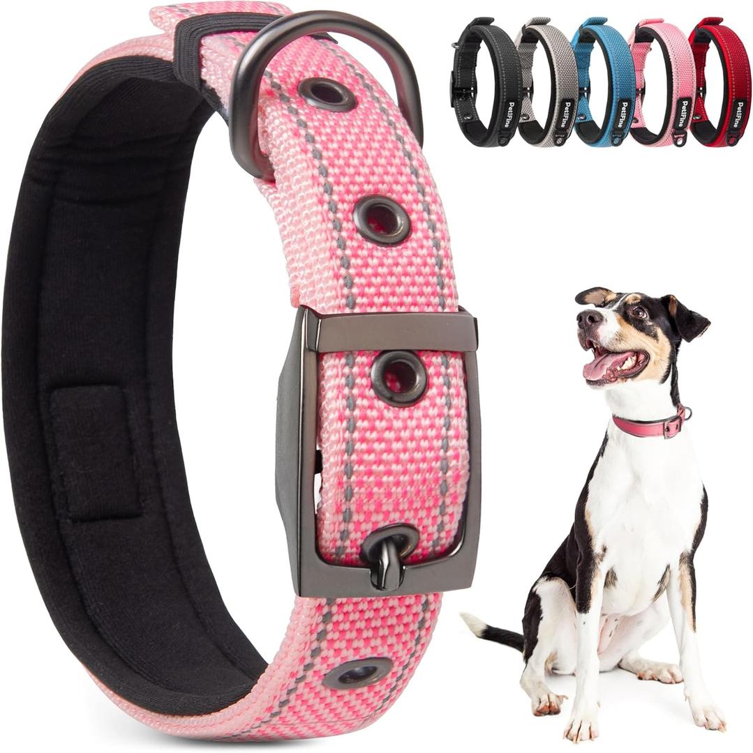 PetiFine Dog Collar for Large Dogs, Neoprene Padded and Adjustable, Reflective Wide Heavy Duty Pet Collars with Durable Metal Belt Buckle for Walking, Pink, L (Large (19"-23"))
