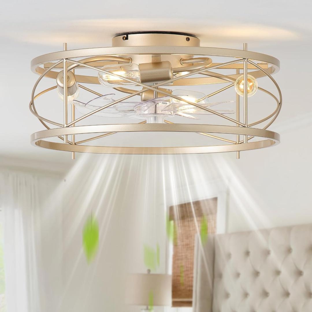 20" Gold Flush Mount Ceiling Fans with Lights, Gold Caged Ceiling Fans with Light and Remote, Bladeless Ceiling Fan with 6 Speeds for Bedroom, Living Room, Nursery