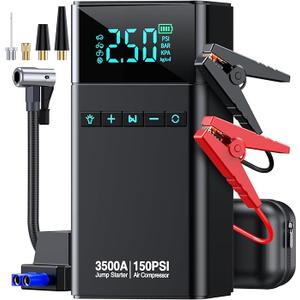 CZKBG Portable Car Starter Motor with Air Compressor, 3500A 150PSI Car Battery Jump Starter Battery Pack (All Gas/10L Diesel), 12V Car Spring Box Car Battery Jumper Starter, Large LCD Display, 2