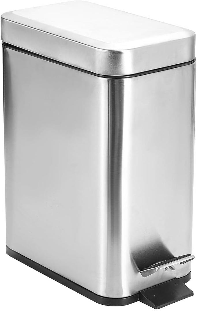 Rectangular Stainless Steel Trash Can Wastebasket with Lid Soft Close,5L Small Slim Step Pedal Meta Garbage Can,1.3 Gallon Dog Proof Garbage Container Bin for Bathroom,Bedroom,Kitchen,Office,Silver