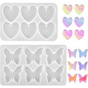Butterfly Molds Silicone, 2 Pack Fondant Molds 6 Grids Epoxy Resin Mold with Hole Keychain Pendant Mold Heart Shape for DIY Crafts Jewelry Making