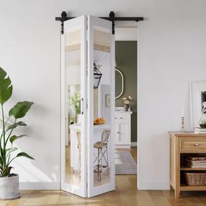 Bifold Barn Door 36"（18" x2） x 84", 1 Lites Mirror Panel with Sliding Hardware Kit Set, Pre-drilled Closet Door Slab, 40" Track for 2 Doors, MDF, White, Easy Installation