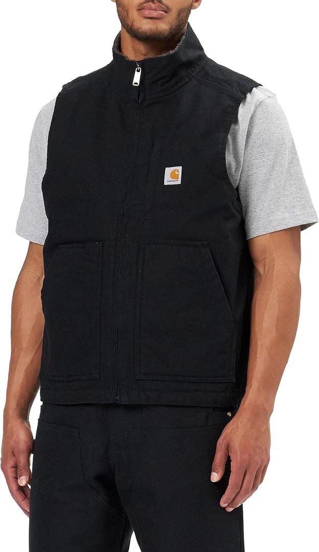 Carhartt Men's Loose Fit Washed Duck Sherpa-Lined Mock-Neck Vest (Large, Black)