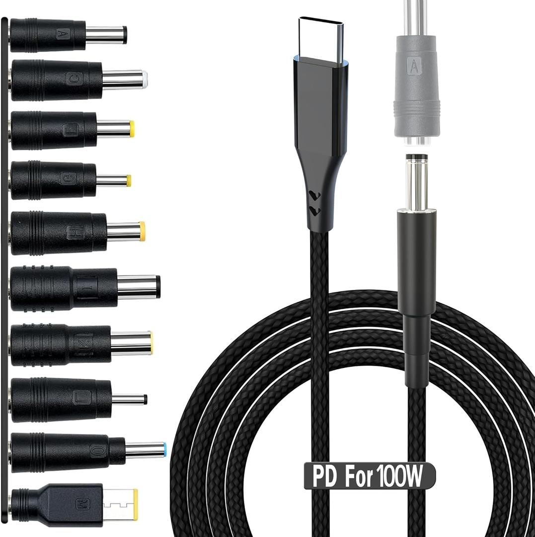 USB C to DC Adapter,Universal Charger Supply 100W PD Power Cable & 5.5x2.1mm Round Barrel Jack,with 10PCS Power Plug Kit,for Toshiba Samsung Acer Asus Lenovo Dell HP Laptop Charging Connector