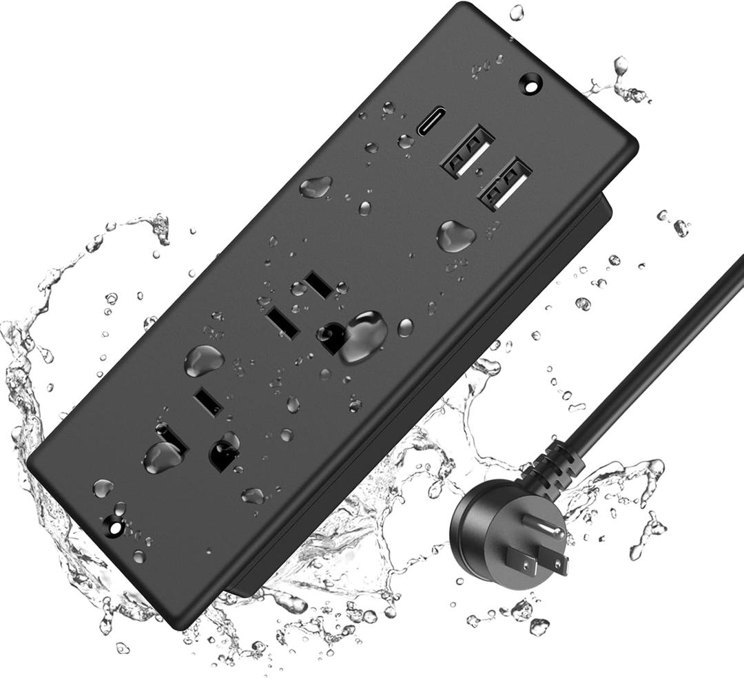 IPX6 Recessed Power Strip Waterproof, HEZI Weatherproof Furniture Flush Mount Power Outlet with 2 Outlets & 3 USB Ports for Bathroom Outdoor, 6FT Cord (ETL Listed) (Black)