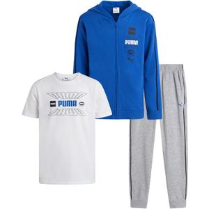 PUMA Boys Sweat Suit Set - 3 Piece Zip Up Hoodie, Graphic Tee and Athletic Fleece Jogger Sweatpants For Boys Set (8-16) (Blue/White/Grey)