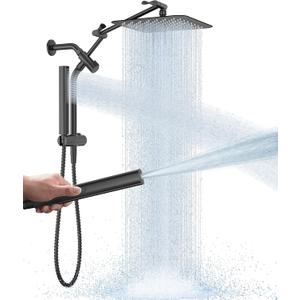 Veken All Metal 10" Black Shower Head with Handheld, Luxurious Square Double Rain Shower Heads with Power Wash Hand Held,Dual High Pressure Detachable Rainfall Showerhead with Arm,Bathroom,Matte Black