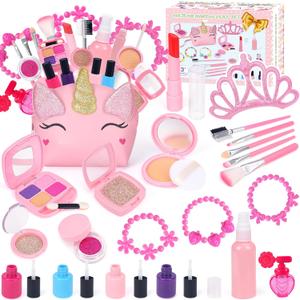 Pretend Makeup for Toddlers, Kids Makeup Kit for Girl, Play Makeup for Little Girls, Toddler Makeup Kit with Unicorn Bag for Little Girls Age 3 4 5 6 7+ Christmas Birthday Gift (Fake Makeup)