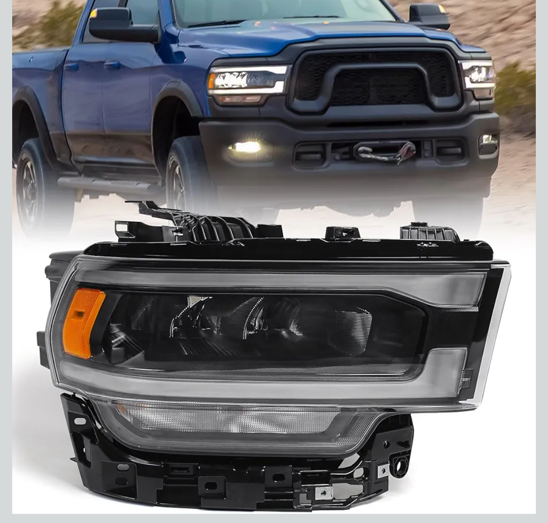 FIONE Headlight Compatible with Dodge Ram 2500 3500 2019-2024 W/LED Daytime Running Light DRL Head lamp Assembly Black headlamp W/Bulb Right Passenger Side 68360180AC