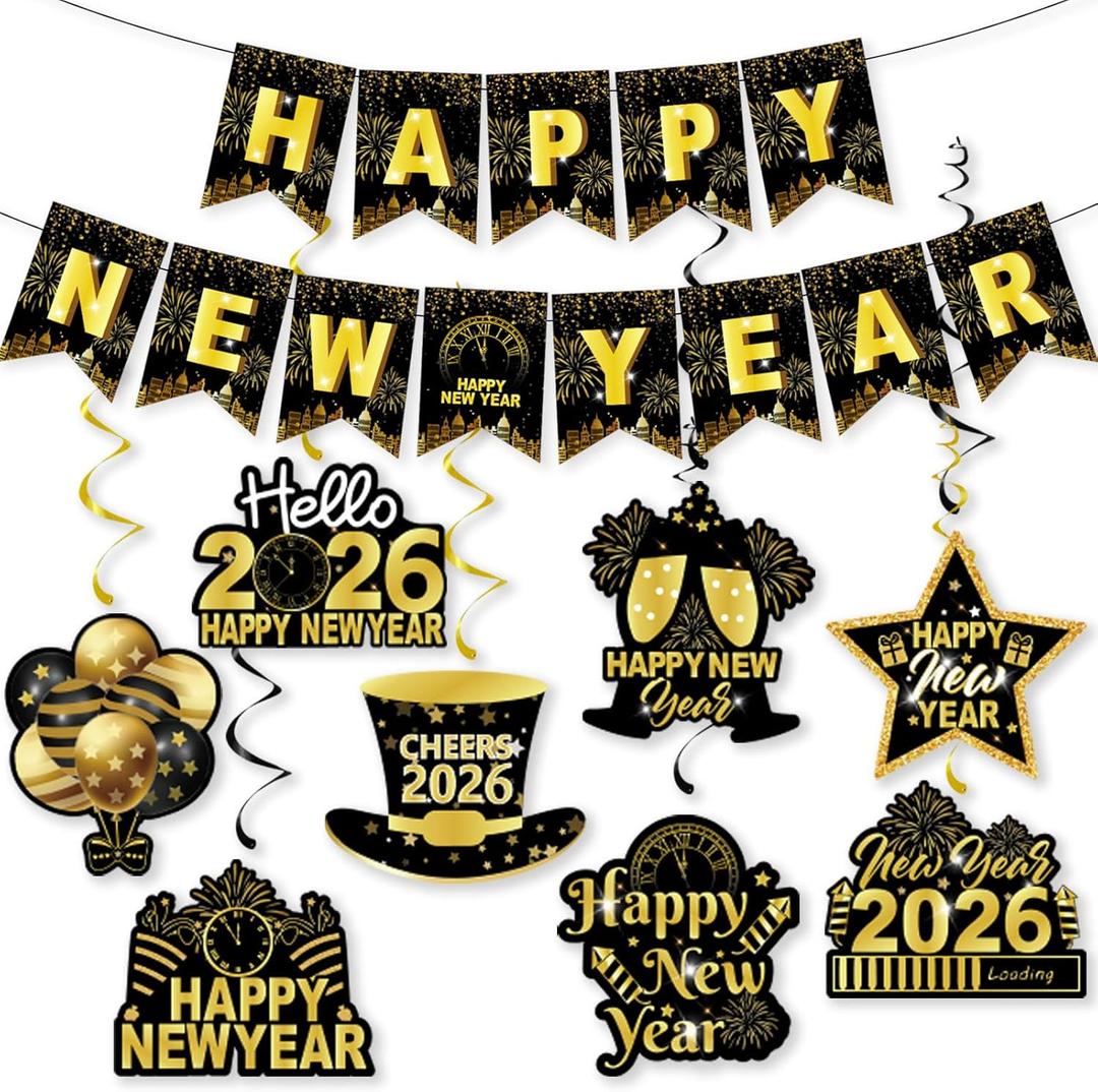 Happy New Year Banner & Hanging Swirls, 2026 Black and Gold Happy New Years Paper Banner Ceiling Swirl Streamers for New Years Eve Party Supplies