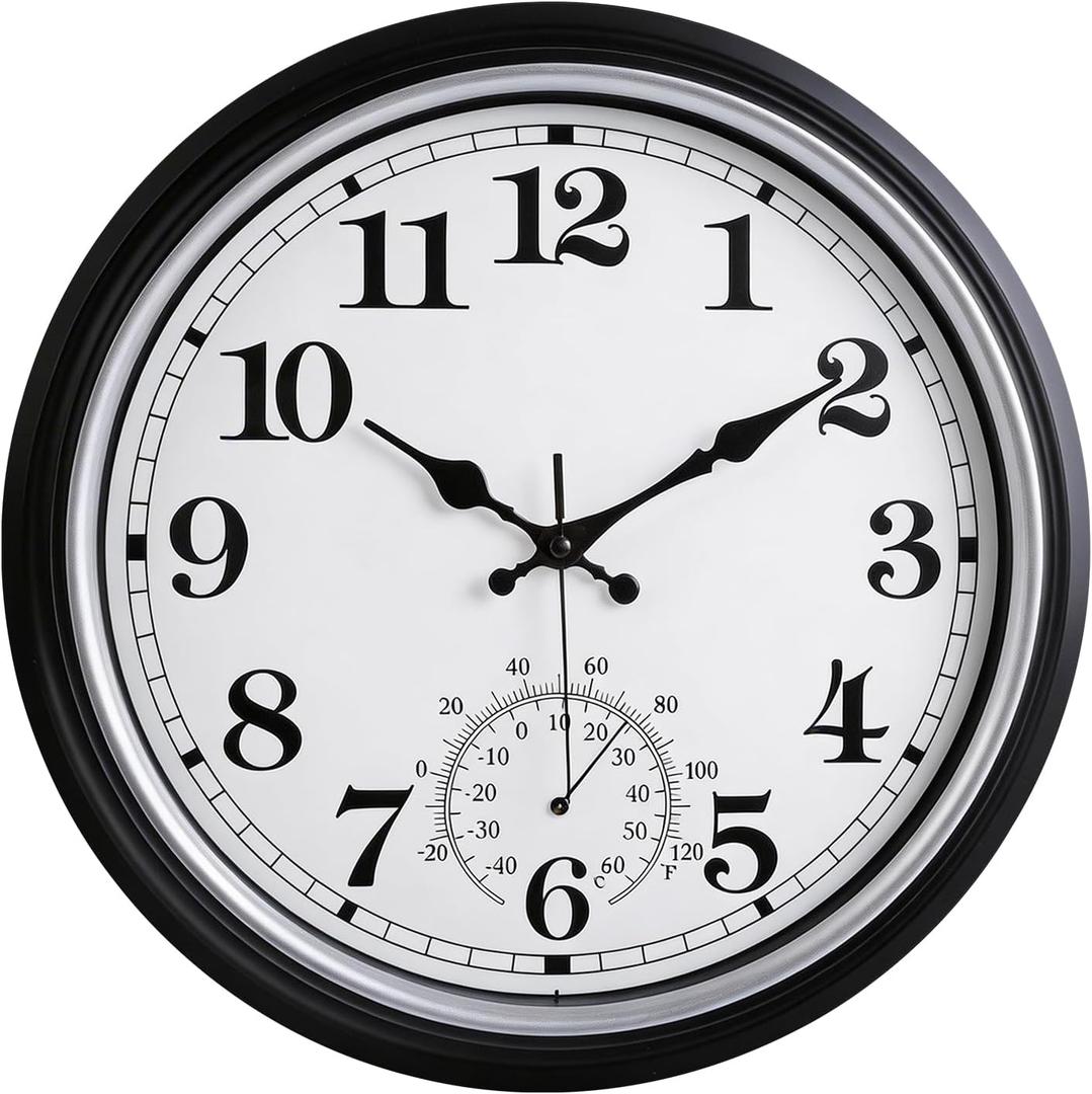16 Inch Large Outdoor Clock Retro Waterproof Clock Non-Ticking Indoor/Outdoor Wall Clock with Thermometer, Battery Operated for Pool, Patio, Garden, Black