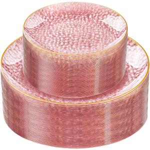 Rubtlamp 60 Pcs Pink Gold Plastic Plates, Gold Hammered Disposable Salad Plates, 7 Inch Disposable Dessert Platos, Plastic Dessert Appetizer Platos Perfect for Mother's Day