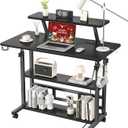 Adjustable Height Standing Desk with Power Outlets, Rolling Stand Up Desk with Monitor Stand and Storage Shelves, 31.5" Small Mobile Computer Desk, Portable Laptop Table (Black with Monitor Stand)