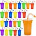 WRINGKIT 24 Pcs Plastic Party Cups with Lids and Straws, 12 Oz Colorful Neon Sipper Cup, Leak Proof Tumbler Cups Bulk, Reusable Party Favor Cups for Christmas, Events Celebrations Supplies, 6 Colors