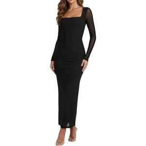 Narecte Women's Formal Dresses Mesh Ruched Maxi Dress Square Neck Long Sleeve Bodycon Fall Wedding Guest Cocktail Dress (Medium, Black)