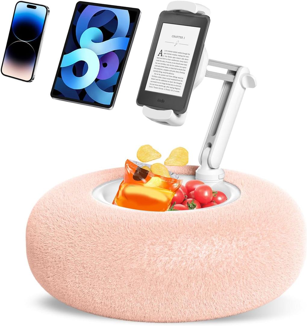 Pillow Stand Holder for Kindle Tablet iPad with Snack Bowl, Lap Cozy Pillow Stand Holder for Reading in Bed for 4.7"-11" Kindle, Tablet, iPad, iPhone, Google, Samsung (Pink)