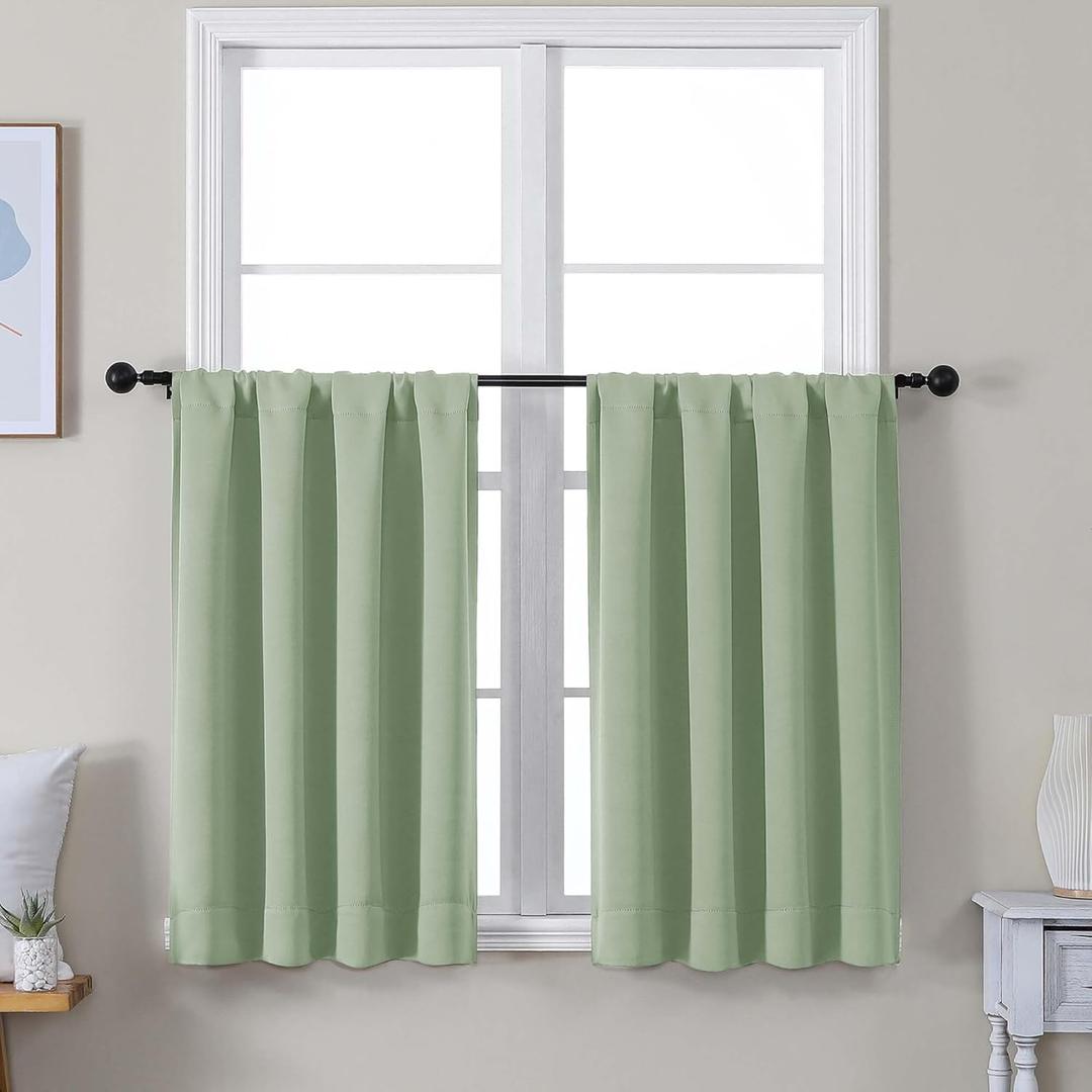 Simplebrand Ava Light Green Short 36 Inches Blackout Curtain 2 Panels Set, Half Window Rod Pocket Privacy Curtain Tiers for Kitchen, Curtains Blackout for Bathroom Shades, W40 x L36 Inch, Light Green