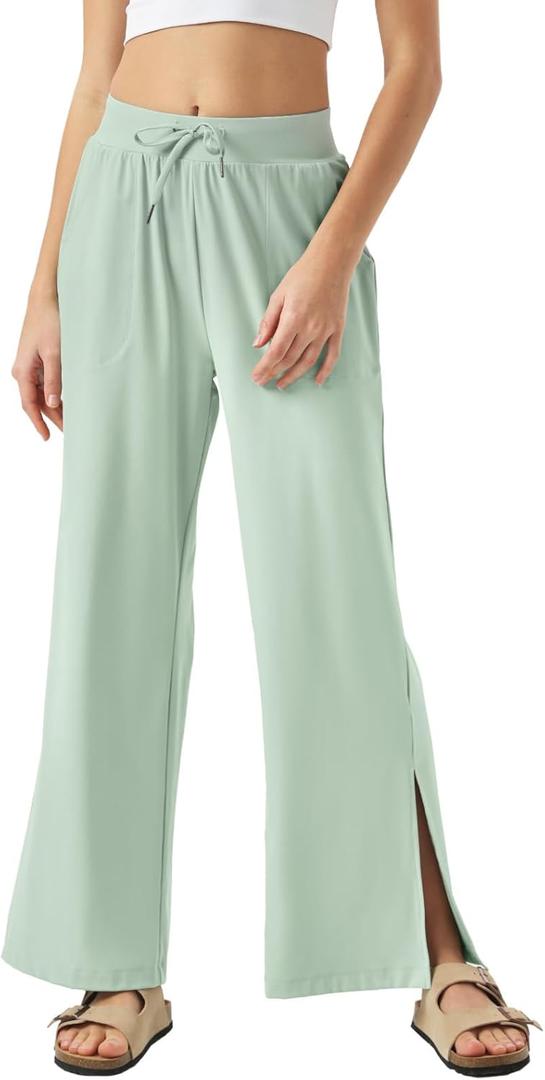 26"/28"/30" Inseam Womens Wide Leg Sweatpants Petite High Waist Summer Pants UPF50 Lightweight Beach with Pocket Split Leg (Small, Greenish Gray)