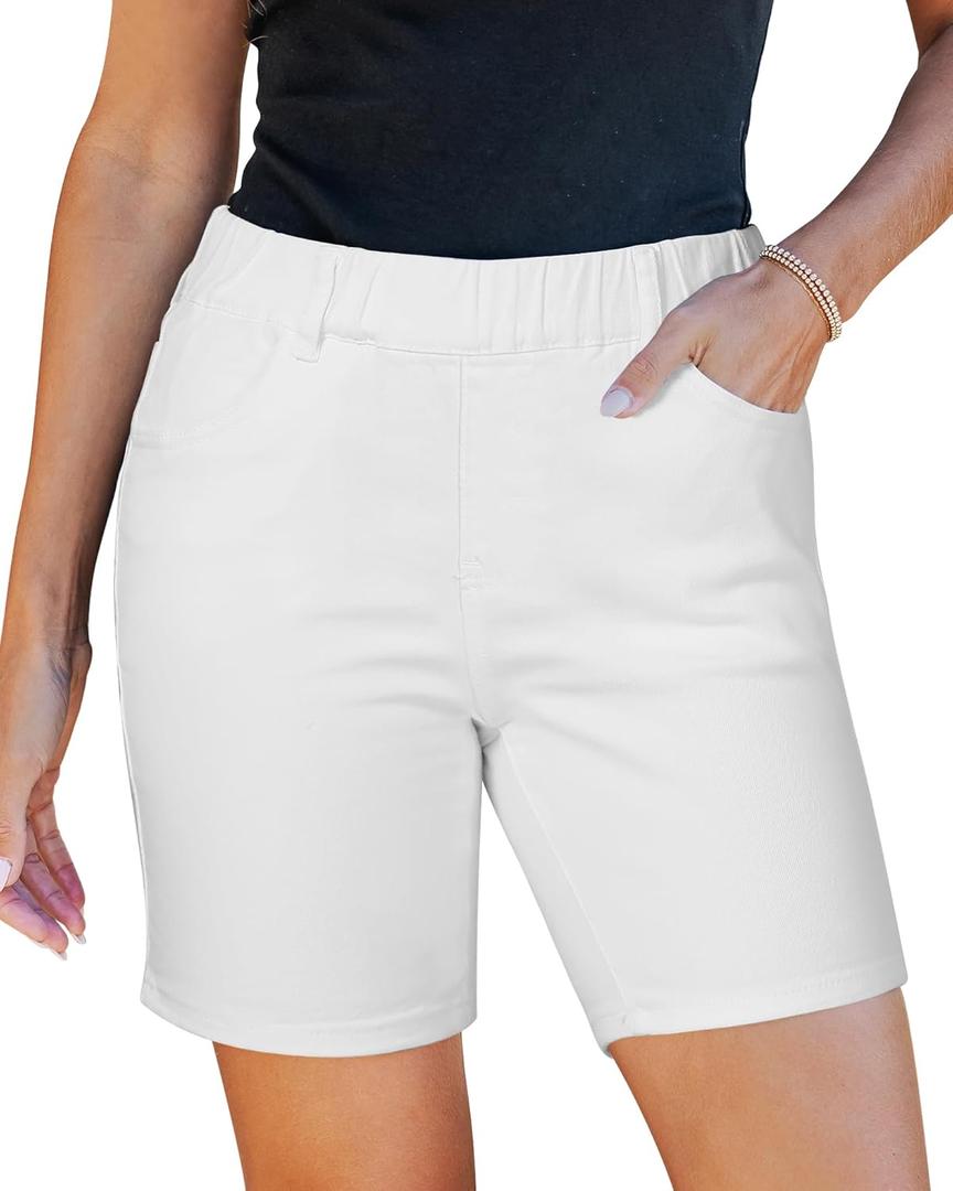 Utyful Jean Shorts for Women Mid Rise Pull On Elastic Waist Trendy Summer Jorts 7 Inch Inseam Stretchy Long Denim Shorts (White, XL)