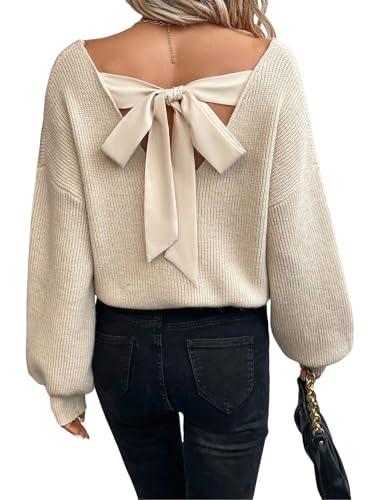 V Neck Sweaters Woman,Off The Shoulder Sweater Top,Fitted Long Sleeve Shirt Women,Tie Back Sweater,Knit Sweater Apricot