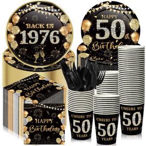 240 Pcs 50th Birthday Decorations 1976 Birthday Party Tableware Include Plates Napkins 9oz Cups Cutlery 50th Anniversary Party Supplies for Men Women Him Her, Serve 30 Guests (Black Gold)