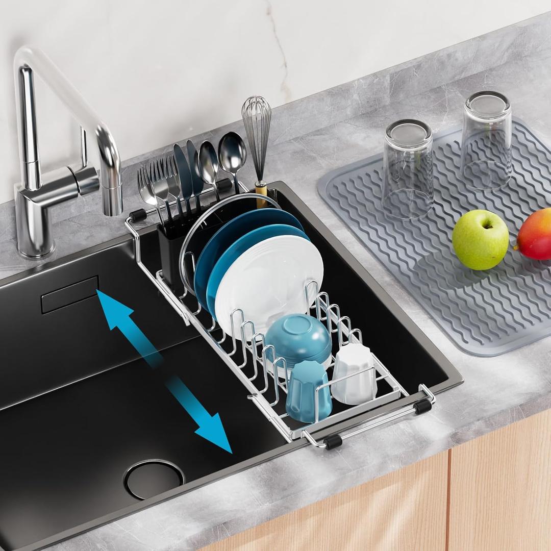 GSlife Small Sink Dish Drying Rack - Stainless Steel in Sink Dish Rack for RV Camper, Expandable Kitchen Counter Drainer with Utensil Holder, 13.2''-19.1" L x 6.5" W x 4.3" H, Silver