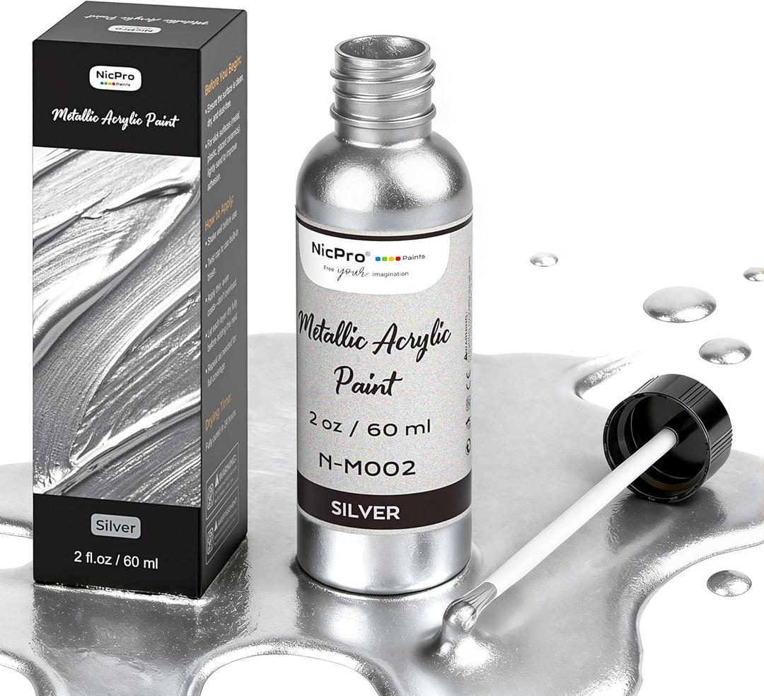 Nicpro Silver Leaf Paint - 2oz/60ml Metallic Silver Acrylic Paint, Water-Based Non Toxic Non Fading Touch Up Paints for Crafts, Metal, Wood, Clay, Fabric, Canvas, Furniture, Handcrafts, Art Supplies