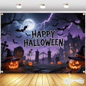 Large Happy Halloween Backdrop 82in × 60in with 19.69ft Ribbon, Purple Pumpkin Halloween Decorations for Outdoor Party Backdrop, Spooky Banner for Yard or Photo Booth