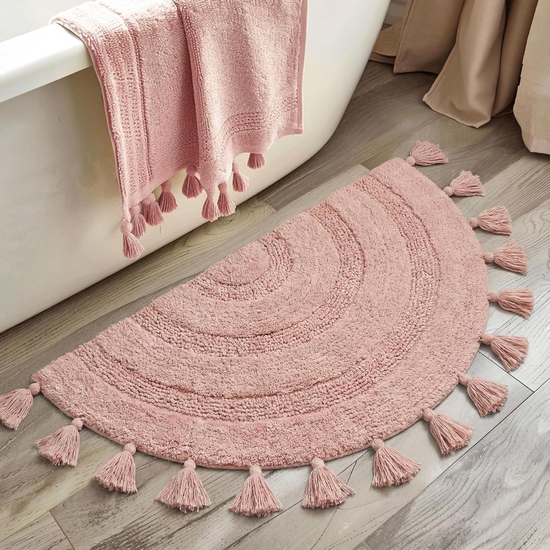 Half Circle Boho Rug with Tassels for Bedroom Extra Soft Cotton Blush Pink Bath Rugs Beautiful Handcrafted Crochet Boho Bathroom Rugs Non-Slip Absorbent Washable Cute Bath Mat for Bathroom Home Decor (1'10" x 3'1" (Semicircular))